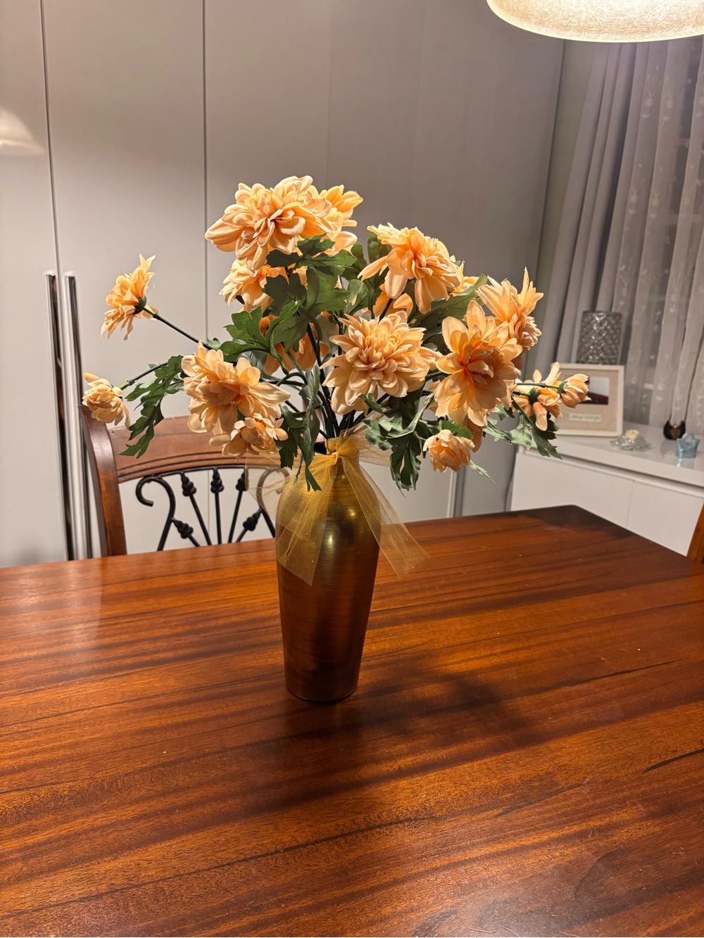 Peach Artificial Dahlia Bouquet in Gold Vase - Home Accents